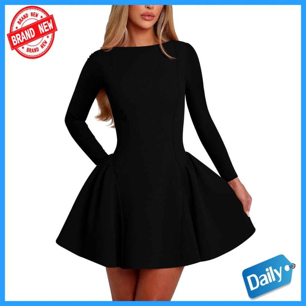 Elegant Backless Mini Dress Long Sleeve Crew Neck A-Line Party Prom Wear